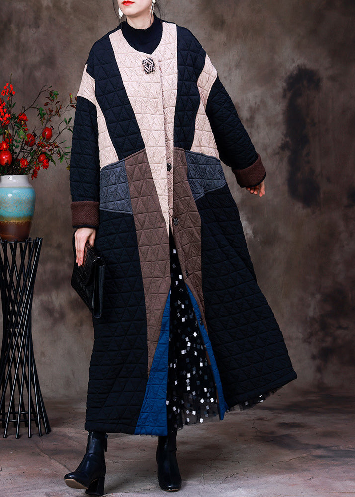 Style Apricot Black Colour Patchwork O-neck Cotton Thick Long Coat Long Sleeve