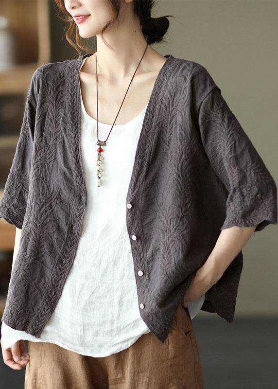 White Cotton V Neck Embroideried Half Sleeve Tops