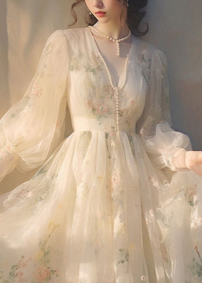 Beige V Neck High Waist Tulle Maxi Dresses Long Sleeve