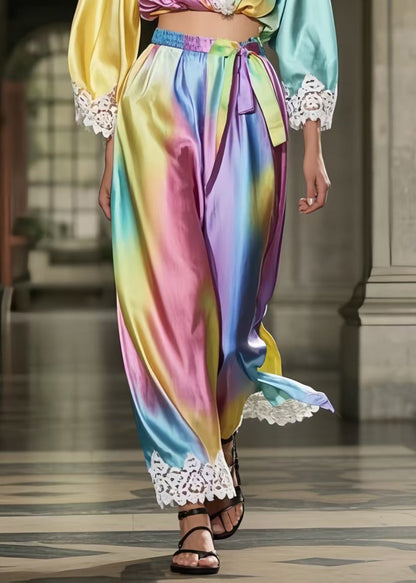 Rainbow Tie Dye Patchwork Lace Silk Two Piece Suit Set Spring