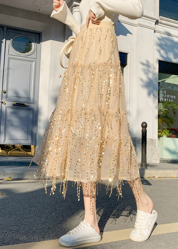 Apricot Elastic Waist Sequins Tulle a Line Skirts Spring
