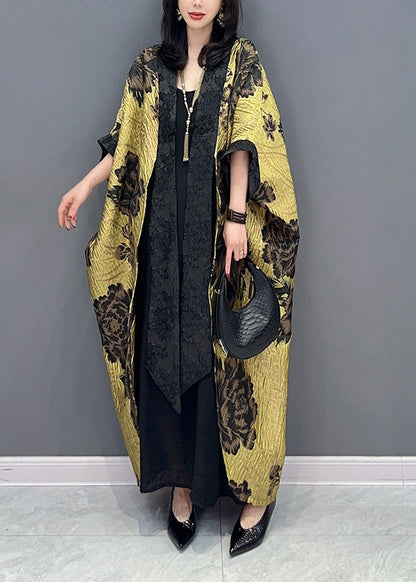 Chinese Style Yellow Patchwork Cotton Cardigan Batwing Sleeve