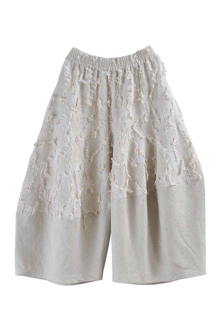 Natural Beige Patchwork Asymmetrical Design Cotton Linen Wide Leg Summer Pants
