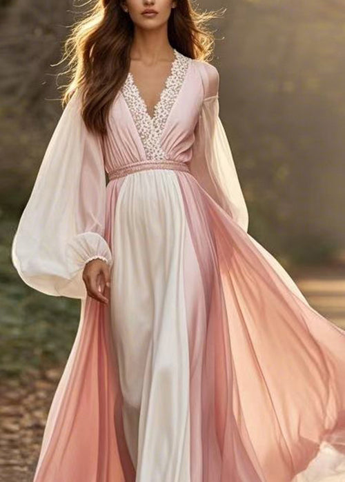 Colorblock V Neck Patchwork Chiffon Dress Lantern Sleeve