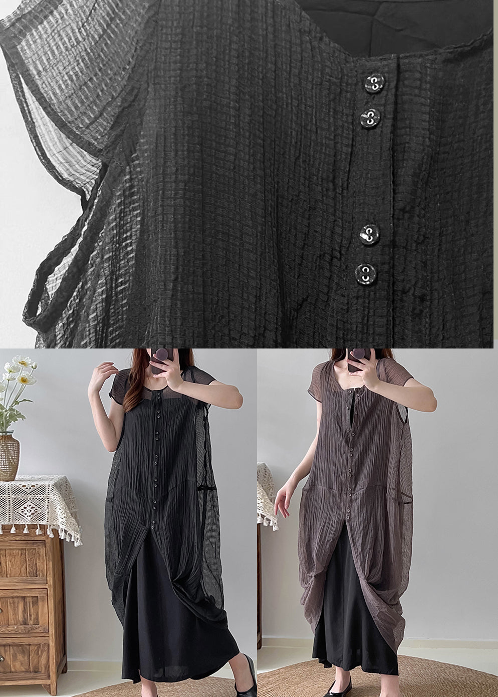 Black Asymmetrical Wrinkled Silk Dress Two Piece Set Summer