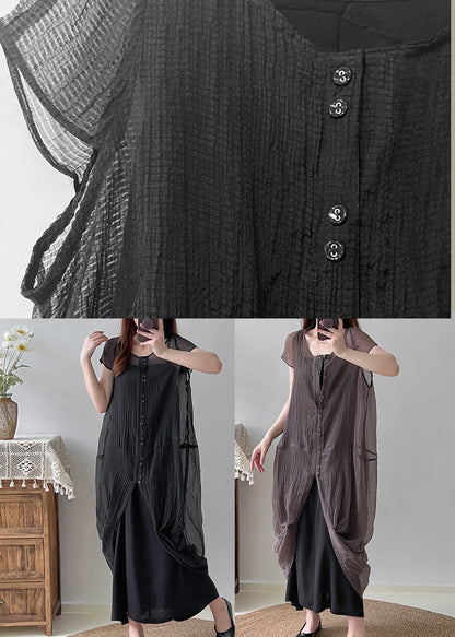 Black Asymmetrical Wrinkled Silk Dress Two Piece Set Summer