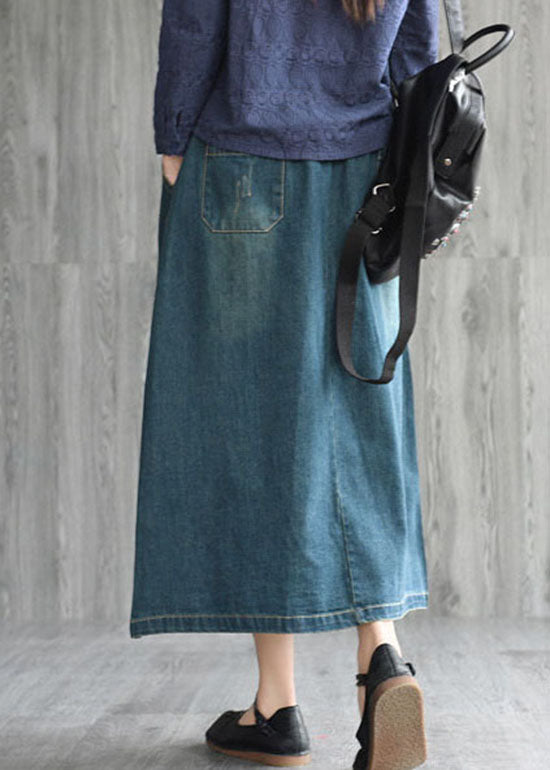 Natural Dark Blue Pockets Embroideried Cotton Denim Skirts Spring