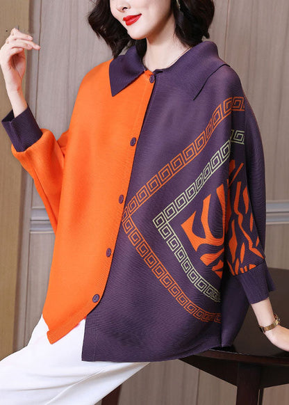 Orange Peter Pan Collar Print Button Shirt Long Sleeve