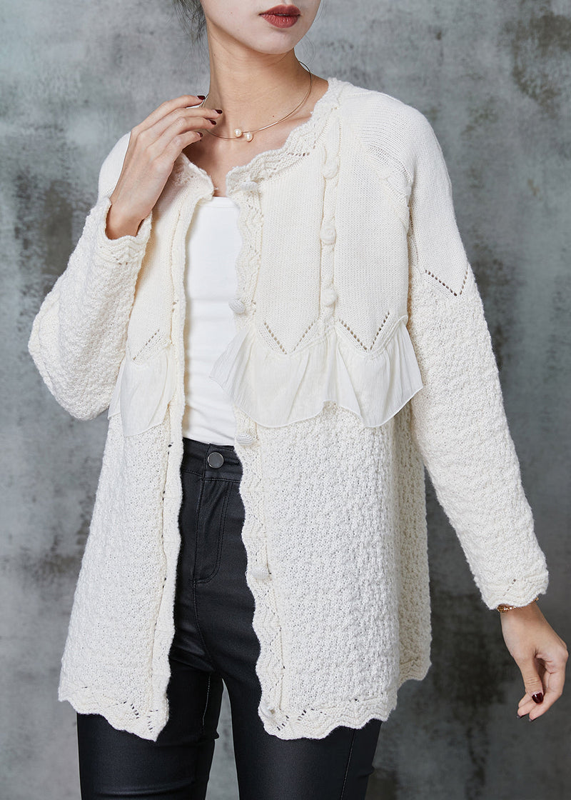 White Ruffles Patchwork Knit Coat Outwear Spring