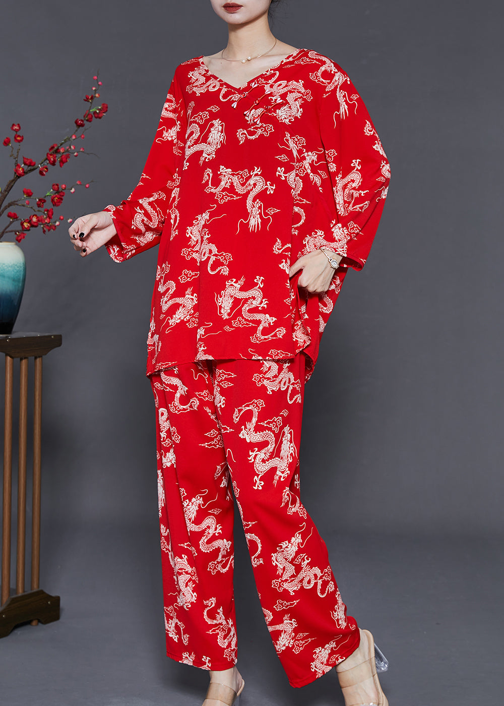 Red Dragon Print Cotton Sets 2 Pieces Summer