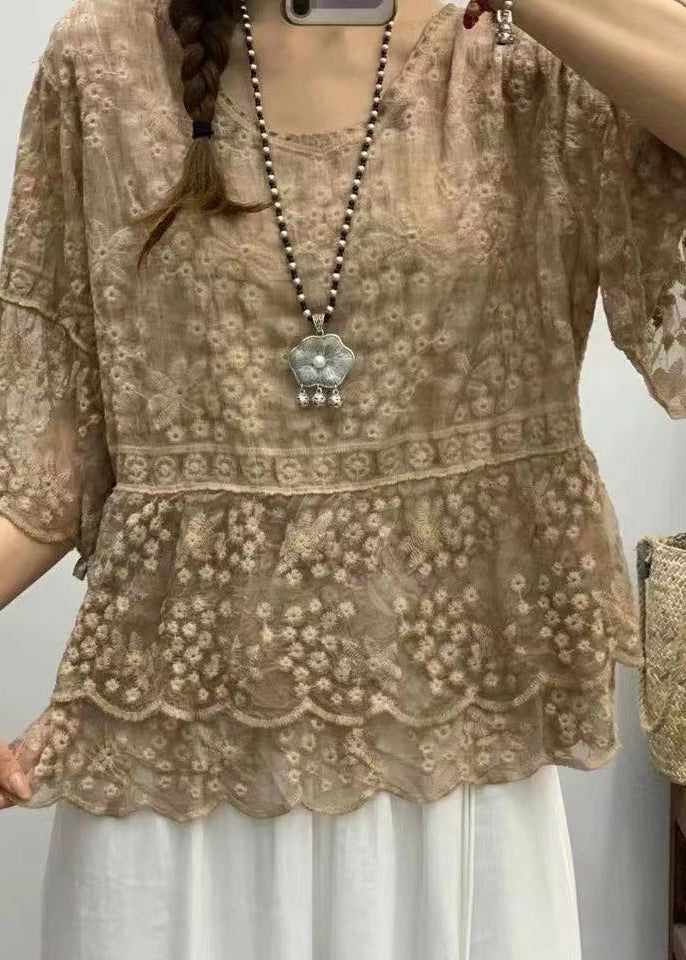 Purple O Neck Embroideried Lace Blouses Bracelet Sleeve