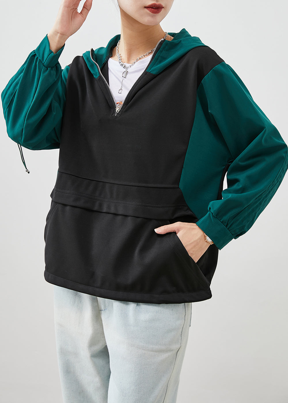 Black Zip Up Patchwork Drawstring Cotton Sweatshirts Top Fall