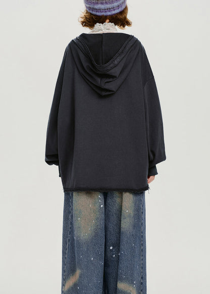 Dark Grey Hooded Print Cotton Pullover Sweatshirt Spring