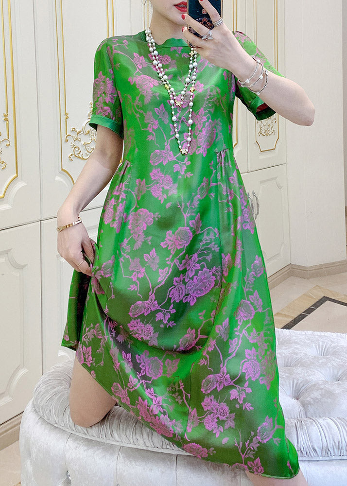 Blackish Green O-neck Print Wrinkled Silk Dresses Short Sleeve