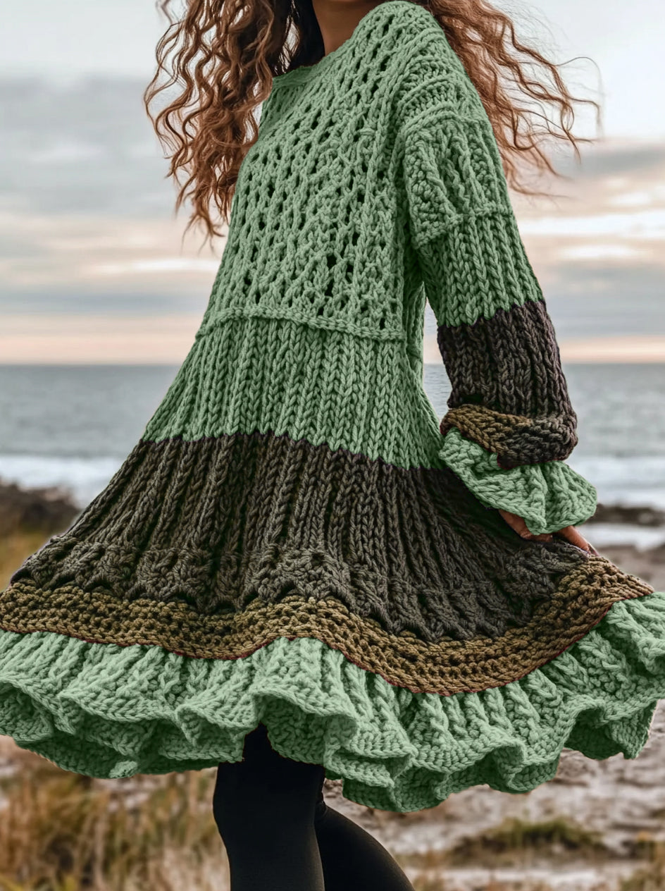 Women's Celtic Knotted Color Block Jacquard Crew Neck Sweater Dress elevenforest