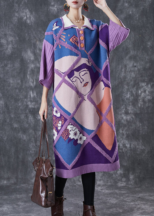 Purple Peter Pan Collar Print Knit Long Sweater Half Sleeve
