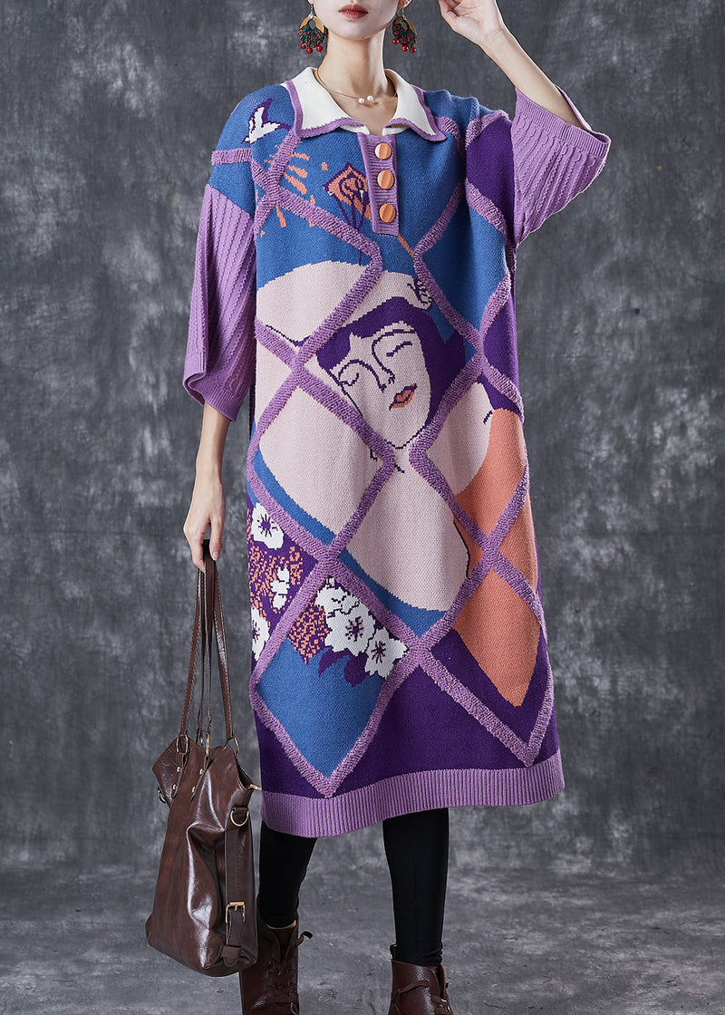 Purple Peter Pan Collar Print Knit Long Sweater Half Sleeve