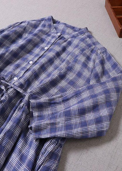 Style Blue Grey Plaid Pockets Cinched Tie Waist Fall Patchwork Robe Dresses Long Sleeve