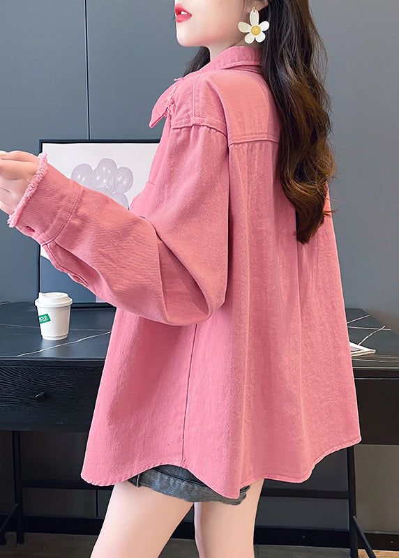 Pink Peter Pan Collar Pockets Denim Shirts Coat Fall