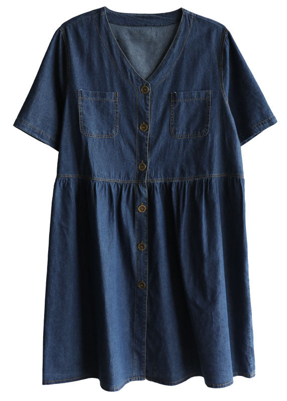 Denim Blue V Neck Pockets Cotton a Line Dress Short Sleeve