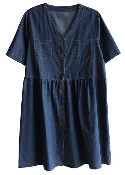 Denim Blue V Neck Pockets Cotton a Line Dress Short Sleeve