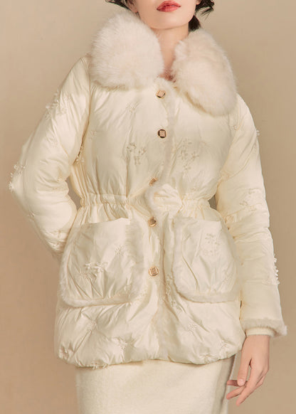 Beige Fur Collar Button Duck Down Puffer Coat Winter