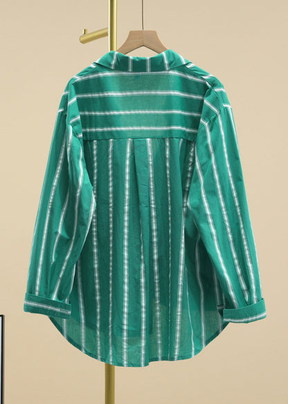 Green Peter Pan Collar Striped Button Cotton Shirt Fall
