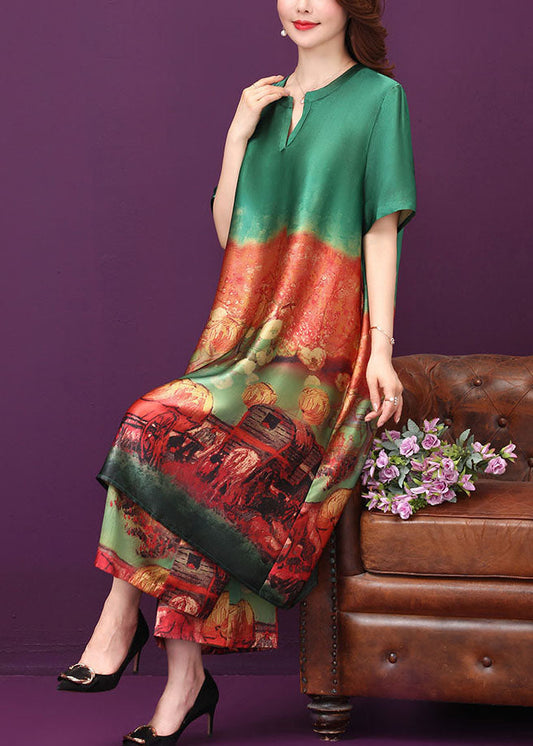 Green Print Silk Long Dress and Wide Leg Pants Two Piece Suit Set V Neck Summer