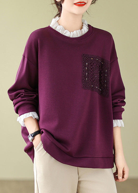 Purple Lace Patchwork Warm Fleece Sweatshirts Spring