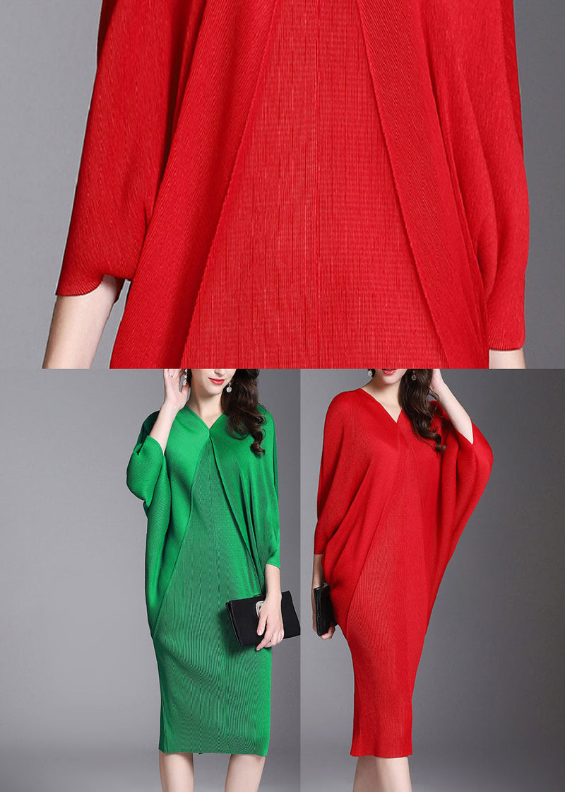 Green V-neck Wrinkled Hip Dress Half Sleeve