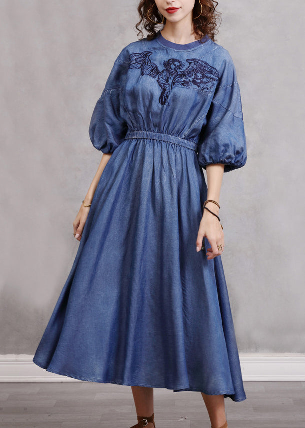 Blue Embroidered Elastic Waist Long Denim Dress Lantern Sleeve
