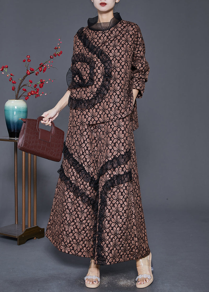 Coffee Jacquard Warm Fleece Two Piece Set Clothing Ruffled Winter