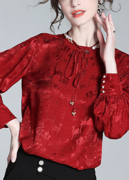 Jacquard Red O-neck Neck Tiie Silk Shirt Spring