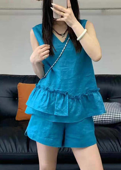 Simple Blue V Neck Ruffled Linen Two Piece Set Sleeveless