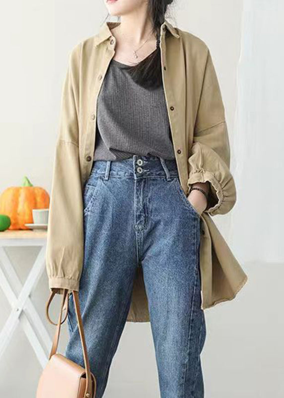 Khaki Peter Pan Collar Pockets Button Mid Coat Lantern Sleeve