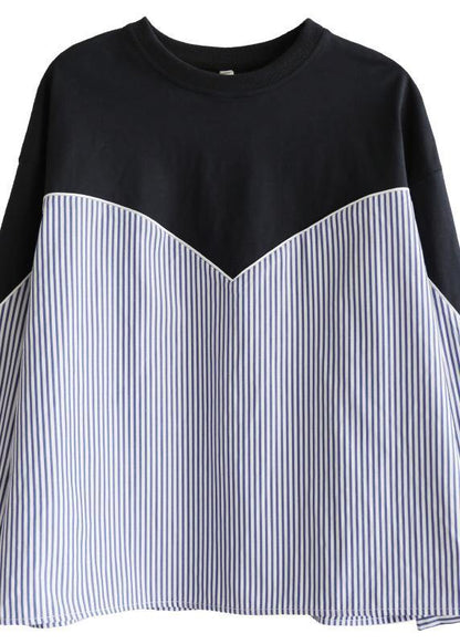 Fitted Navy Patchwork Striped Long Sleeve Spring Blouses