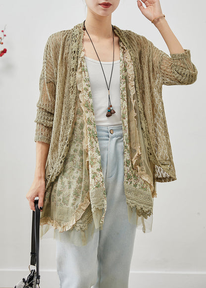 Green Ruffled Patchwork Hollow Out Lace Cardigans Fall