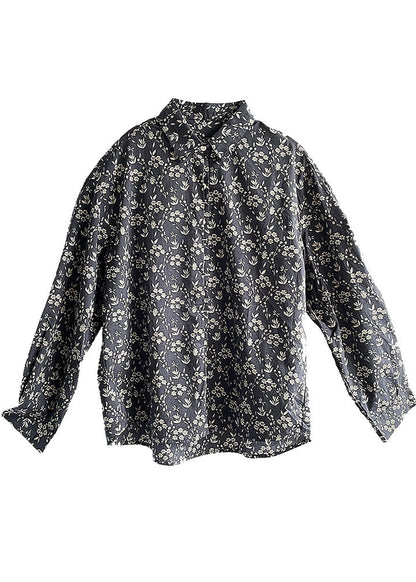 Navy Peter Pan Collar Print Cotton Shirt Top Fall
