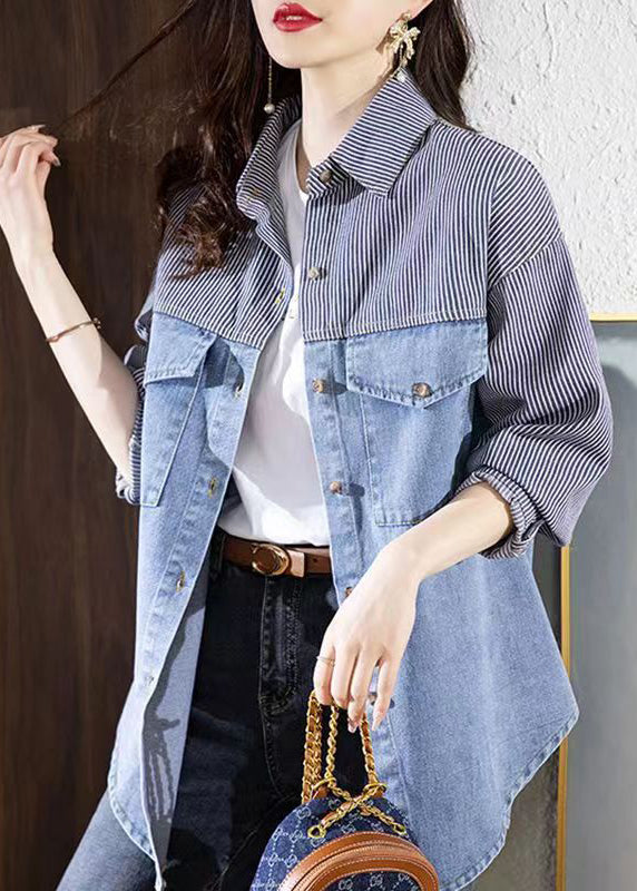 Blue Peter Pan Collar Striped Patchwork Button Denimn Coats Fall