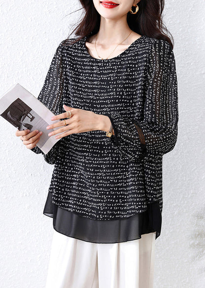 Classy Black Oversized Print Chiffon Fake Two Piece Shirts Fall