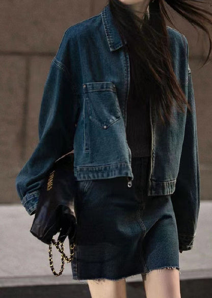 Retro Blue Peter Pan Collar Patchwork Button Denim Coats Long Sleeve Fall