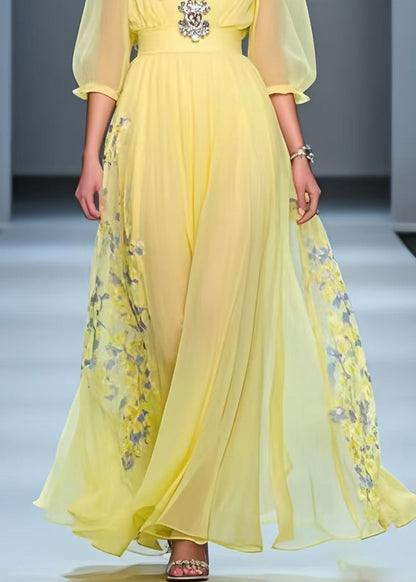 Handmade Yellow Cinched Print Chiffon Party Dress Summer