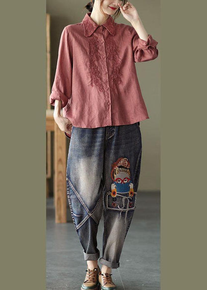 French Orange Retro Peter Pan Collar Button Fall Linen Shirt Tops Long Sleeve