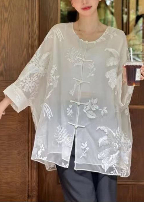 Pink Button Print Silk Cotton Blouse Batwing Sleeve