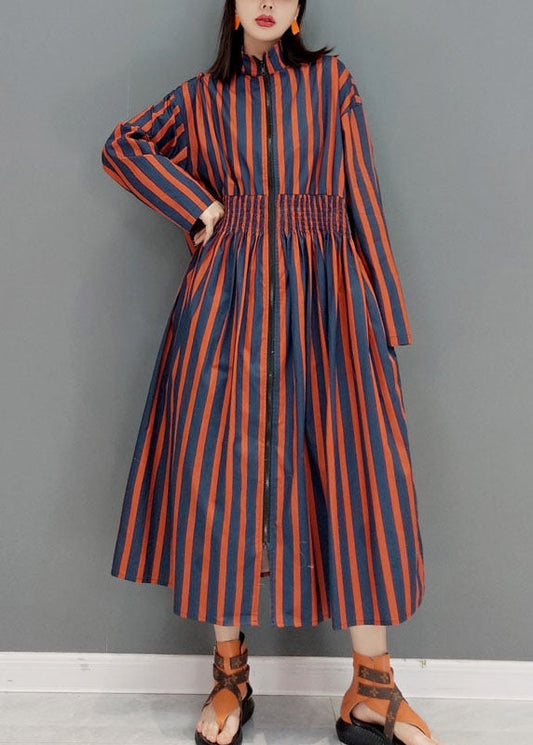 Red Zip Up Striped Vacation Dresses Spring