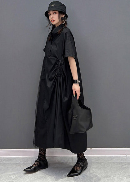 Black Peter Pan Collar Cinched Button Tulle Patchwork Maxi Dresses Short Sleeve