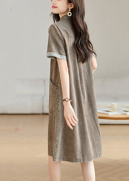 Grey Peter Pan Collar Pockets Denim Day Dresses Summer