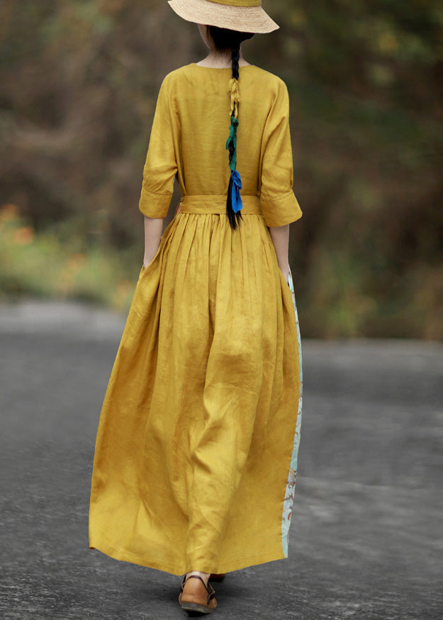 Yellow V Neck Tie Waist Patchwork Cotton Maxi Dresses Half Sleeve