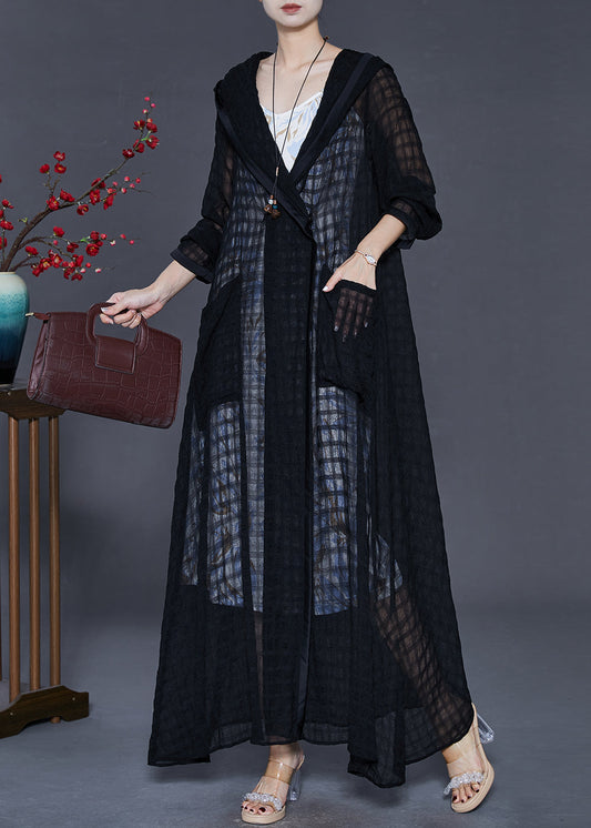 Black Hooded Plaid Tulle Cardigans Spring