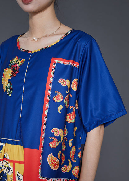 Style Blue Oversized Print Silk Dresses Summer